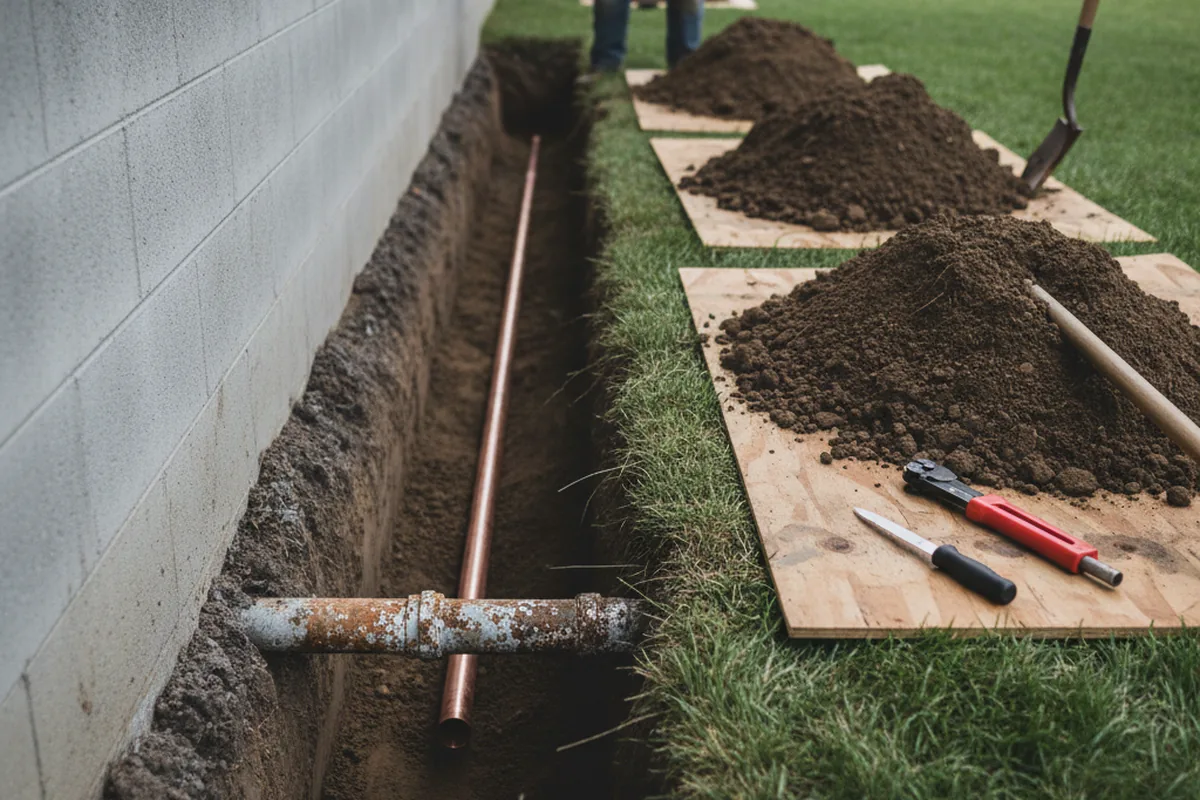 Excavated water line trench during Water Heater Repair in Alplaus